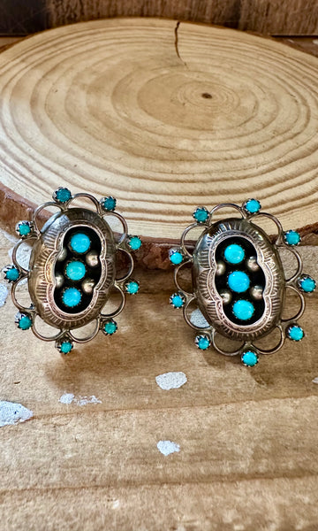 ZUNI SHADOW BOX Turquoise & Silver Vintage Clip On Earrings JM05