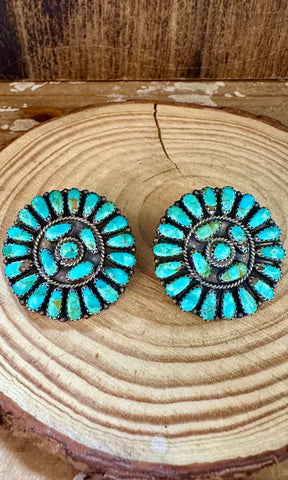 ZUNI ROUND CLUSTERS Vintage Turquoise & Silver Stud Earrings JM04