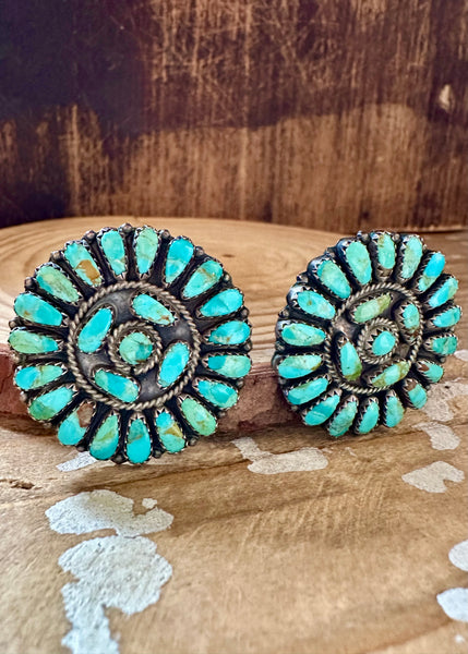 ZUNI ROUND CLUSTERS Vintage Turquoise & Silver Stud Earrings JM04