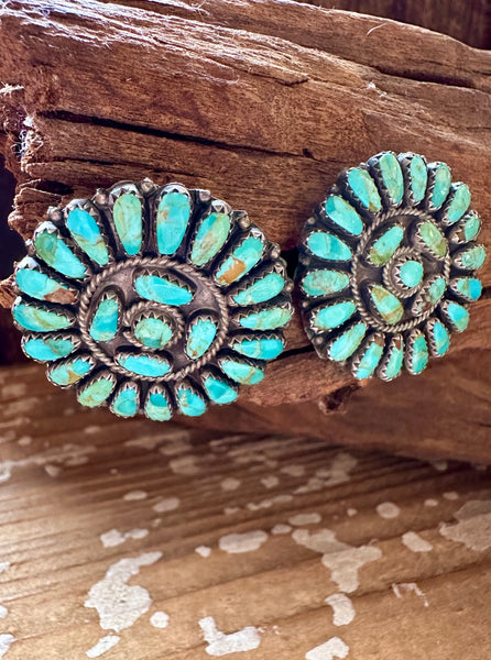 ZUNI ROUND CLUSTERS Vintage Turquoise & Silver Stud Earrings JM04