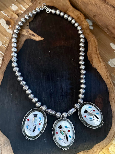 VINTAGE ZUNI Cardinal Bird Inlay Necklace, Multi-Stone Inlay