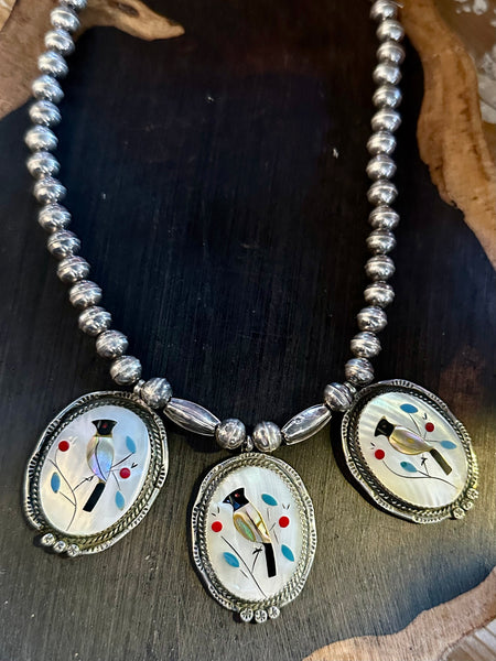 VINTAGE ZUNI Cardinal Bird Inlay Necklace, Multi-Stone Inlay