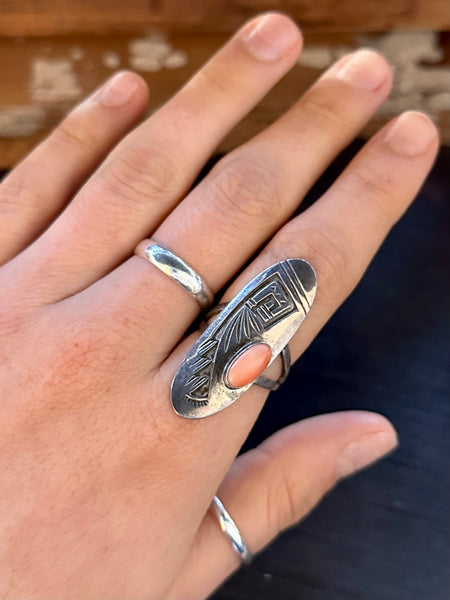 HOPI CORAL RING Sterling Silver & Angel Skin Coral JM09 • Size 7 1/4