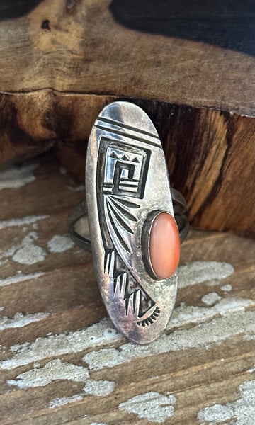 HOPI CORAL RING Sterling Silver & Angel Skin Coral JM09 • Size 7 1/4