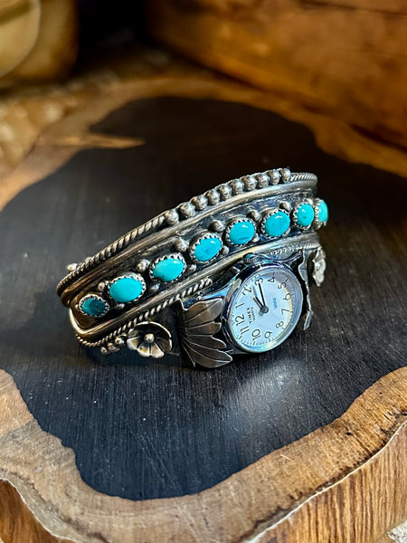 NAVAJO WATCH CUFF Sterling Silver & Turquoise Bracelet JM•18