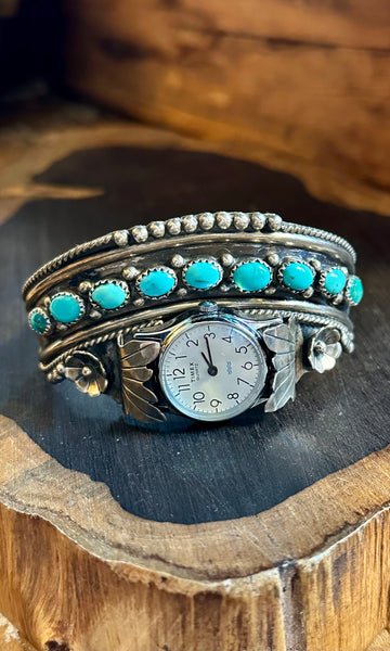 NAVAJO WATCH CUFF Sterling Silver & Turquoise Bracelet JM•18