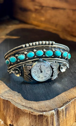 NAVAJO WATCH CUFF Sterling Silver & Turquoise Bracelet JM•18