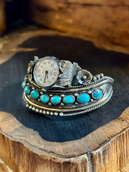 NAVAJO WATCH CUFF Sterling Silver & Turquoise Bracelet JM•18