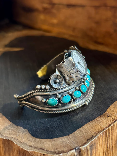 NAVAJO WATCH CUFF Sterling Silver & Turquoise Bracelet JM•18