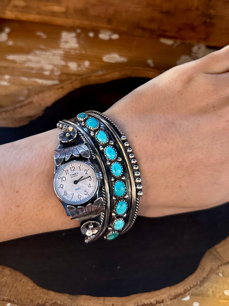NAVAJO WATCH CUFF Sterling Silver & Turquoise Bracelet JM•18