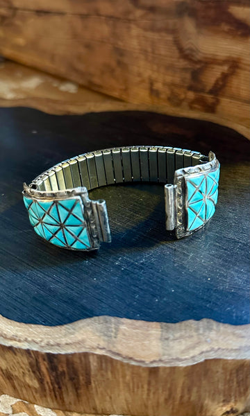 VINTAGE ZUNI WATCHBAND Sterling Silver & Turquoise Bracelet JM17