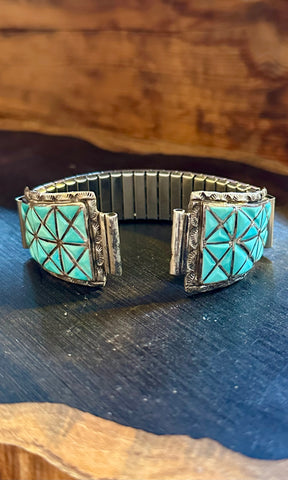 VINTAGE ZUNI WATCHBAND Sterling Silver & Turquoise Bracelet JM17