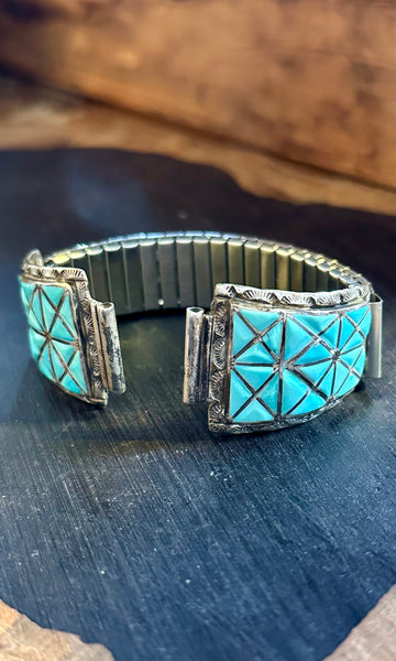 VINTAGE ZUNI WATCHBAND Sterling Silver & Turquoise Bracelet JM17