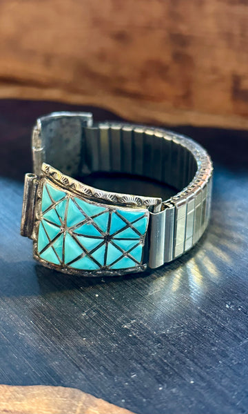 VINTAGE ZUNI WATCHBAND Sterling Silver & Turquoise Bracelet JM17