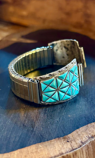 VINTAGE ZUNI WATCHBAND Sterling Silver & Turquoise Bracelet JM17