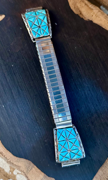 VINTAGE ZUNI WATCHBAND Sterling Silver & Turquoise Bracelet JM17
