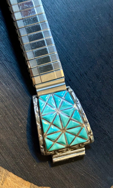 VINTAGE ZUNI WATCHBAND Sterling Silver & Turquoise Bracelet JM17