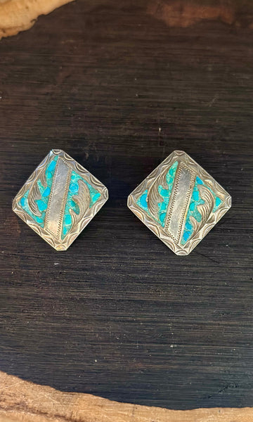MEXICAN SILVER and Turquoise Vintage Clip On Earrings JM13