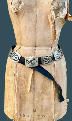 RILEY POLKEQUAPTEWA Hopi Sterling Silver Concho Leather Belt JM26