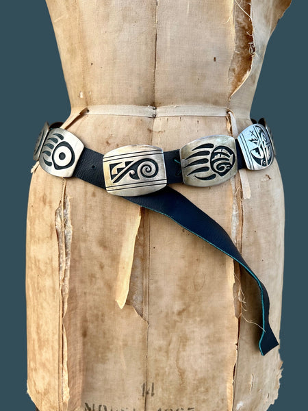 RILEY POLKEQUAPTEWA Hopi Sterling Silver Concho Leather Belt JM26