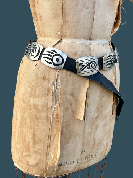 RILEY POLKEQUAPTEWA Hopi Sterling Silver Concho Leather Belt JM26