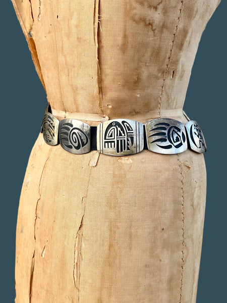 RILEY POLKEQUAPTEWA Hopi Sterling Silver Concho Leather Belt JM26