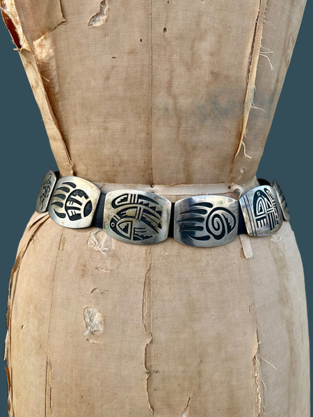 RILEY POLKEQUAPTEWA Hopi Sterling Silver Concho Leather Belt JM26