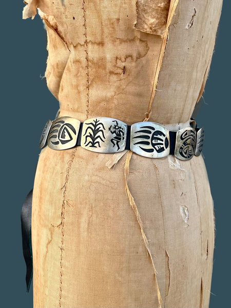 RILEY POLKEQUAPTEWA Hopi Sterling Silver Concho Leather Belt JM26