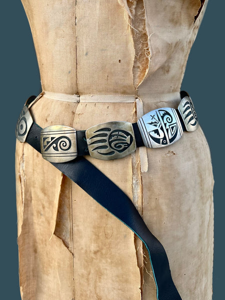 RILEY POLKEQUAPTEWA Hopi Sterling Silver Concho Leather Belt JM26