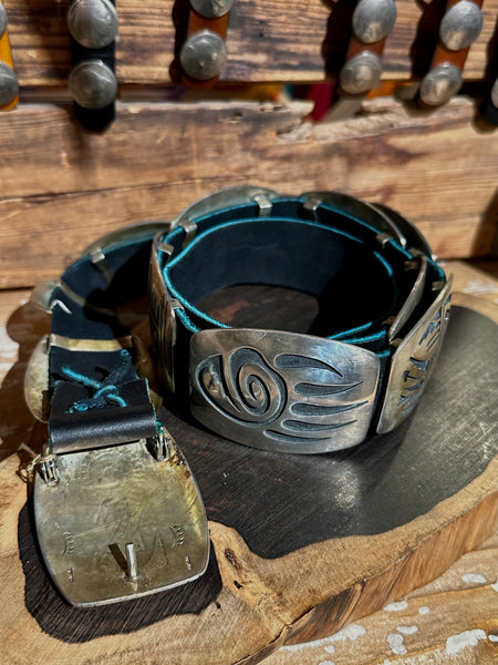 RILEY POLKEQUAPTEWA Hopi Sterling Silver Concho Leather Belt JM26