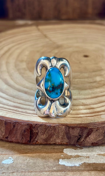 SANDCAST SILVER TURQUOISE Vintage Navajo Ring LSC03 • Size 4 1/2