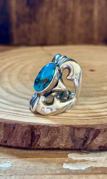 SANDCAST SILVER TURQUOISE Vintage Navajo Ring LSC03 • Size 4 1/2