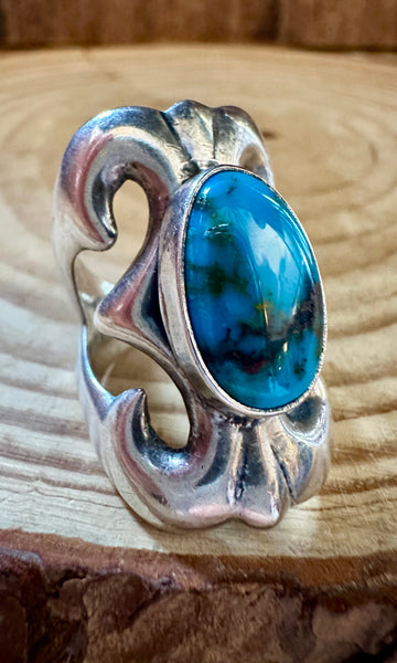 SANDCAST SILVER TURQUOISE Vintage Navajo Ring LSC03 • Size 4 1/2