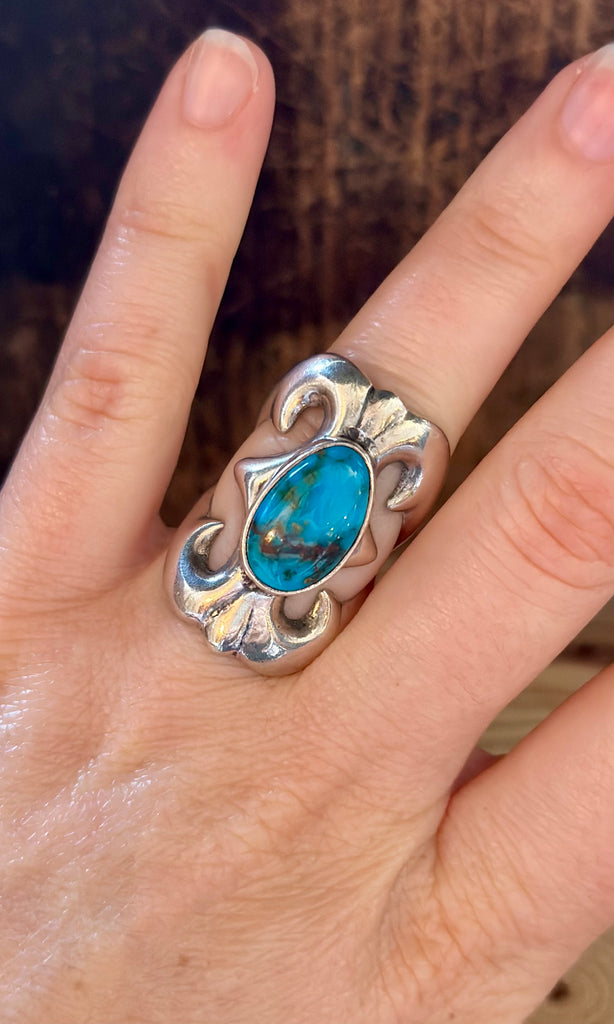SANDCAST SILVER TURQUOISE Vintage Navajo Ring LSC03 • Size 4 1/2