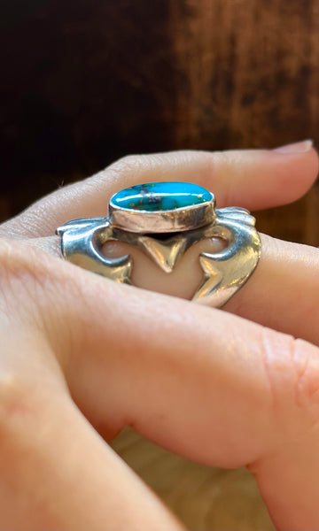 SANDCAST SILVER TURQUOISE Vintage Navajo Ring LSC03 • Size 4 1/2
