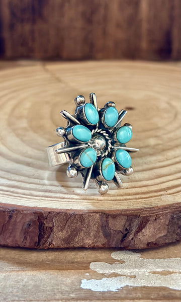 MEXICAN FLOWER CLUSTER Turquoise and Sterling Silver Ring LSC04 • Size 5 1/4