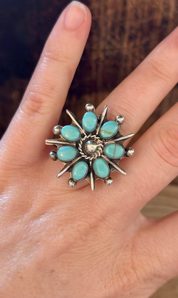 MEXICAN FLOWER CLUSTER Turquoise and Sterling Silver Ring LSC04 • Size 5 1/4