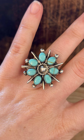 MEXICAN FLOWER CLUSTER Turquoise and Sterling Silver Ring LSC04 • Size 5 1/4