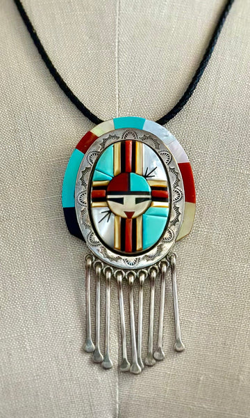 RONNIE CALABAZA RC Zuni Sun Face Inlay Silver Brooch & Necklace JM23