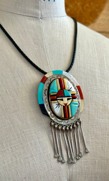 RONNIE CALABAZA RC Zuni Sun Face Inlay Silver Brooch & Necklace JM23