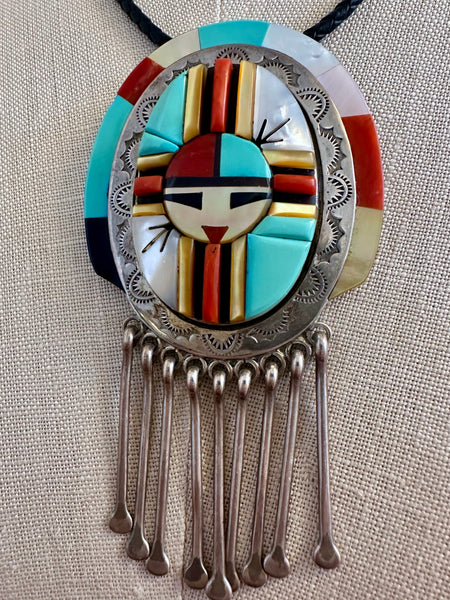 RONNIE CALABAZA RC Zuni Sun Face Inlay Silver Brooch & Necklace JM23