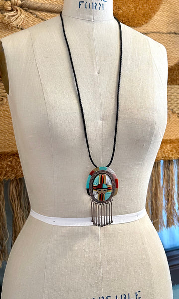 RONNIE CALABAZA RC Zuni Sun Face Inlay Silver Brooch & Necklace JM23