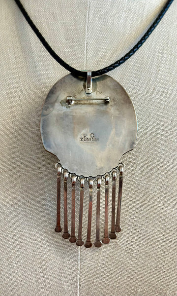 RONNIE CALABAZA RC Zuni Sun Face Inlay Silver Brooch & Necklace JM23