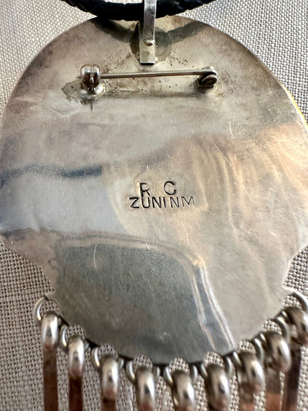 RONNIE CALABAZA RC Zuni Sun Face Inlay Silver Brooch & Necklace JM23
