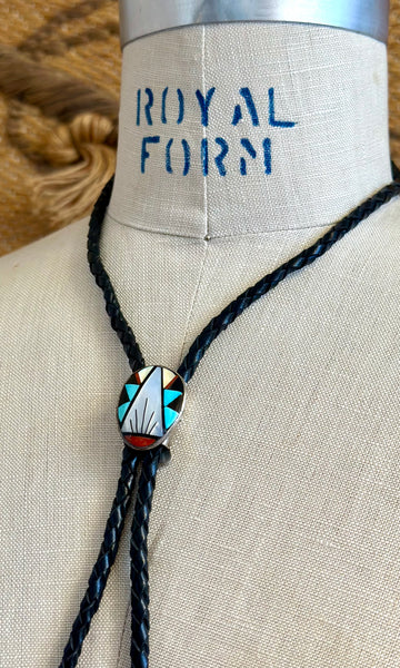 JOHN Q. BOWANNIE Zuni Bolo Tie w/ Leather Cord