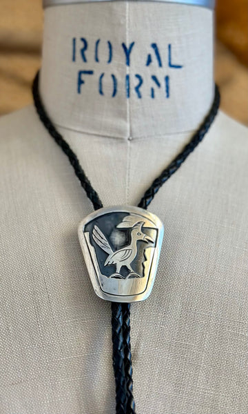 BENNETT PAT. PEND. Road Runner Sterling Silver Bolo Tie w/ Leather Cord
