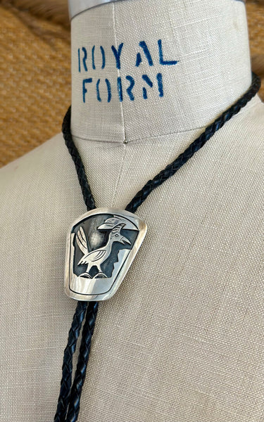 BENNETT PAT. PEND. Road Runner Sterling Silver Bolo Tie w/ Leather Cord