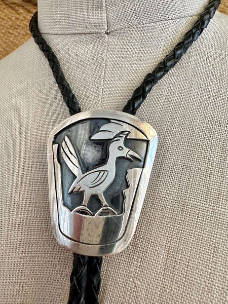 BENNETT PAT. PEND. Road Runner Sterling Silver Bolo Tie w/ Leather Cord