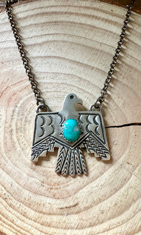 THUNDERBIRD Native Sterling Silver & Turquoise Necklace Pendant • 18g