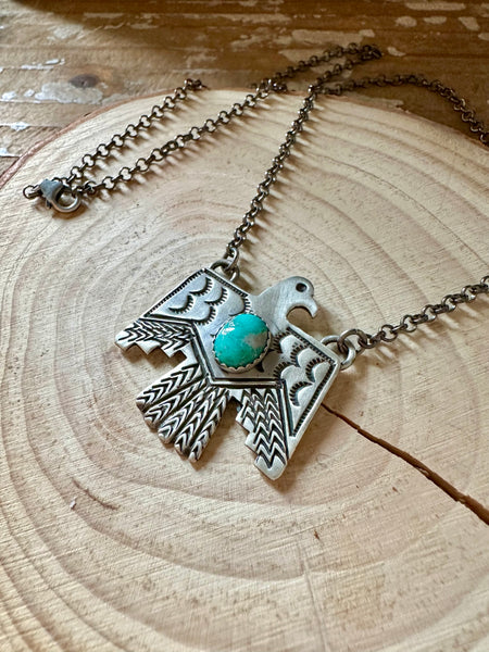 THUNDERBIRD Native Sterling Silver & Turquoise Necklace Pendant • 18g